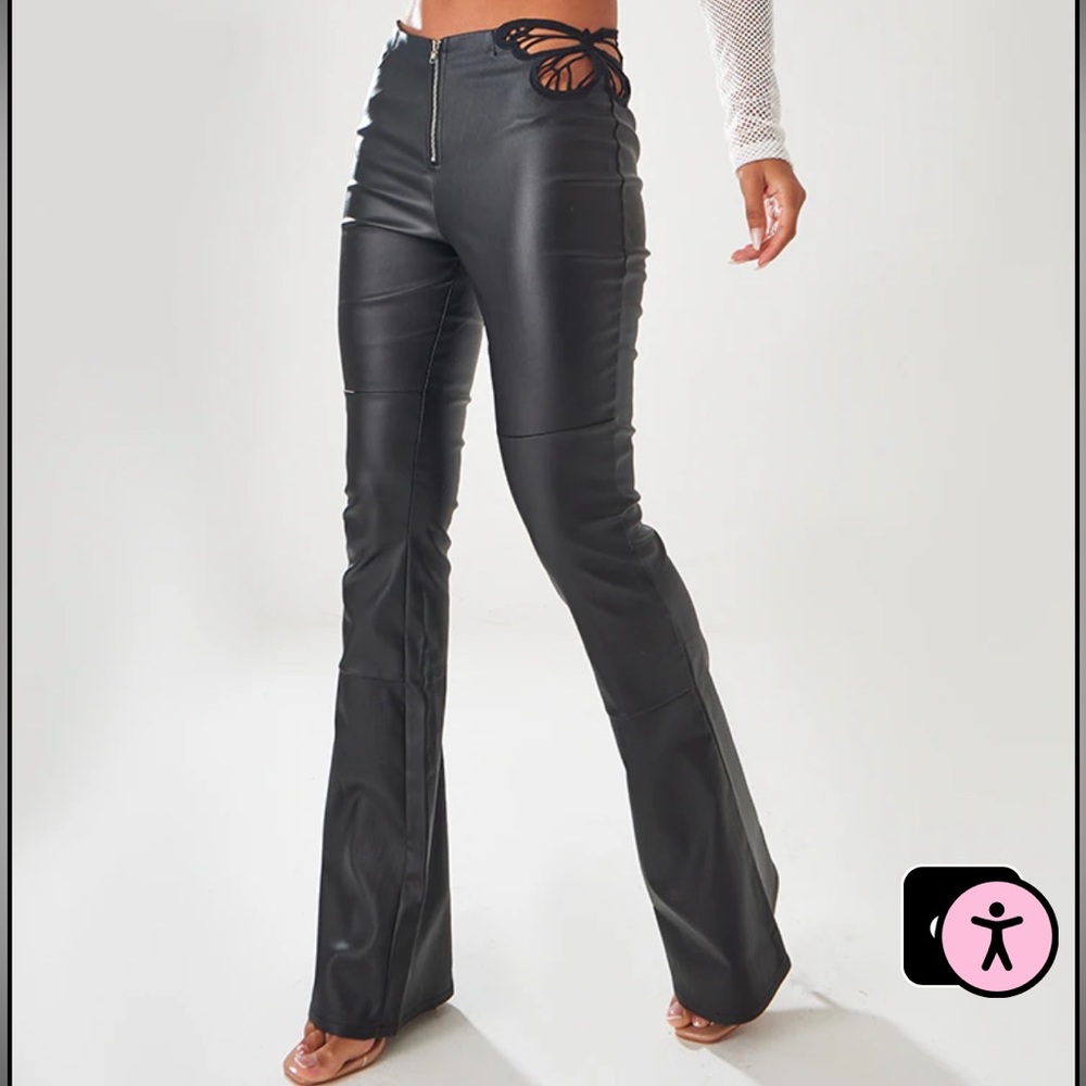 Black Butterfly Cutout Waistband Coated Leather Look Denim Flared Jeans